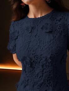 Anewsta 女式夏季新款碎花蕾丝连衣裙，优雅派对时尚 - 藏蓝色 - 查看 2