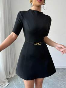 Elenzga 时尚新款中式立领小黑裙，女款优雅纯色中式立领中袖A字金属腰带A字连衣裙，高弹力纹理面料，纯色，时尚修身，适合通勤、休闲日常、返校季、教师装、职业装 - 黑色 - 查看 5