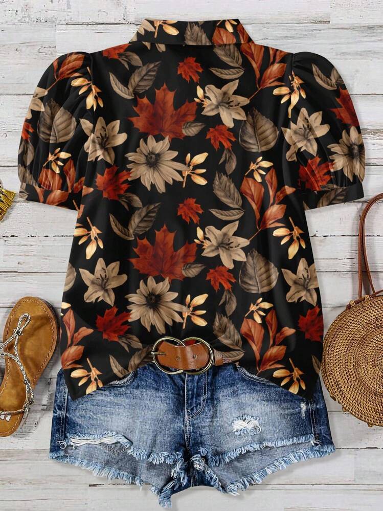 EMERY ROSE 大码花卉印花衬衫，适合休闲夏秋 - 彩色 - 查看 2