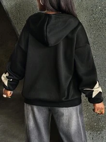INAWLY 女士秋季五角星印花落肩长袖拉链连帽休闲卫衣，长袖上衣，毕业季、教师节、返校季套头衫 - 黑色 - 查看 2