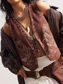 Bohemela 秋冬休闲度假纯色梭织刺绣修身女式轻便夹克 - 棕色 - 查看 7