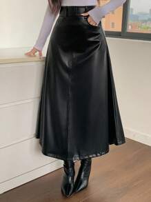 DAZY Falda larga elegante de cintura alta con abertura en A, de piel sintética (PU) para otoño e invierno - Negro - Ver 7