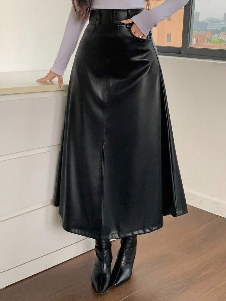 Women's High Waist Slit A-Line Skirt, PU Leather Long Elegant Skirt Fall,Winter