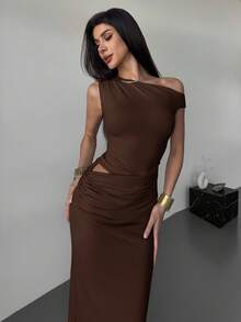 Firerie Women's Elegant Minimalist Sexy Fashionable Outdoor, Vacation, Music Festival Ruched Asymmetric Shoulder Tight Dress, Apricot Color Formal Dresses For Wedding Guest,Wedding Guest Dress,Prom Dress