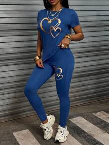 INAWLY Ladies' Heart Print Short Sleeve T-Shirt And Pants Set - Blue - View 4