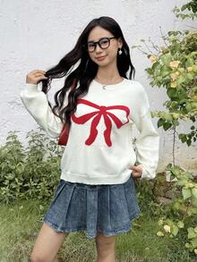 SHEIN Teenager Mädchen Lässig Pullover Sweater, bequemer Allround Rundhals Schleife Jacquard Design
