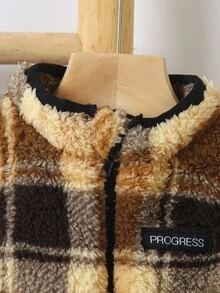 1pc Toddler Boys' Fashion Sherpa Quilted Zip-Up Vest,Brown Checkered Plaid Design,Modest Autumn Winter Outdoor Clothes,Date Outfit For Baby Boy - Multicolor - View 4