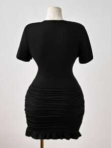 Sweetra Plus Size Women's Sexy V-Neck Tie-Up Ruched Waist Hollow Out Bodycon Dress - Black - View 2
