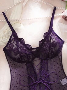 1pc Women's Lace & Mesh Splicing Sexy Lace Bodysuit, Lingerie Intimate Lingerie Erotic Bodysuit, Going Out - Purple - View 6