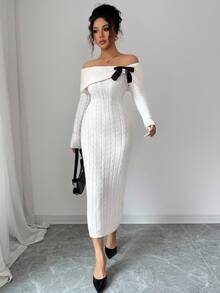 简约休闲蝴蝶结针织连衣裙，优雅气质，春夏女士 - 杏色 - 查看 5