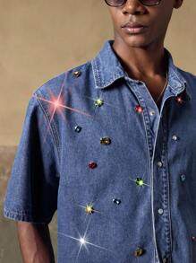 AKNOTIC Men's Woven Casual Loose Fit Short Sleeve Shirt - Medium Wash - View 1