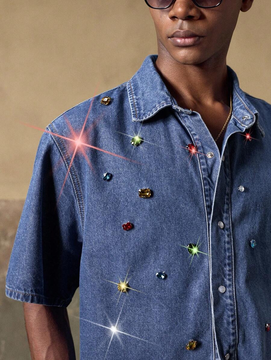 AKNOTIC Men's Woven Casual Loose Fit Short Sleeve Shirt - Medium Wash - View 1