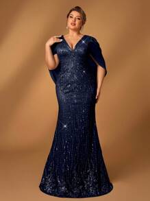 Serin Đầm dạ hội voan đính cườm sang trọng cổ chữ V thanh lịch lãng mạn cỡ lớn cho mẹ - Màu xanh hải quân - Xem 7