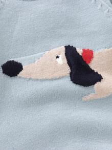 SHEIN 1 件蓝色男婴连体衣，可爱小狗提花图案，圆领长袖连体衣