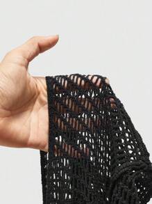 ROMWE Grunge Punk Women's Y2K Versatile Mesh Hollow Long Sleeve Hooded Sweater - Black - View 6