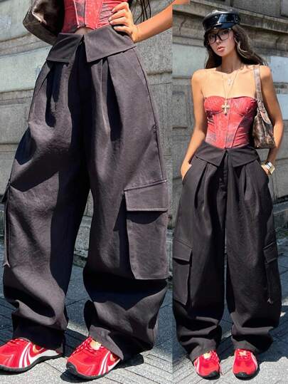 Coolane 女士夏季街头休闲宽松翻领裤装黑色工装裤