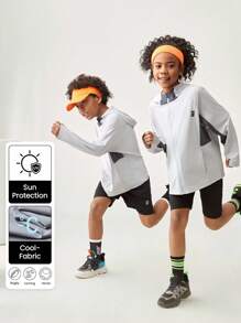 JNSQ Back To School Clothes, Tween Girls And Boys Clothes, Sports Clothing For Girls, Outdoor Professional Sports Windbreaker For Autumn, Children Hooded Patchwork Contrast Color Funny Letter Print Outdoor Sports Windbreaker - Grey - View 12