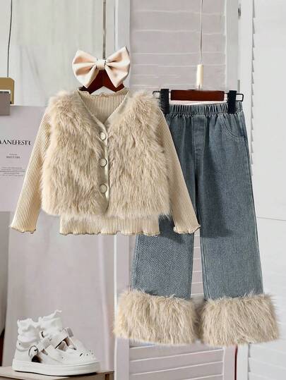 Elladie kids 3 件女童冬季服装 - 长袖荷叶边汗衫 + 毛茸茸背心 + 牛仔拼布毛茸茸裤子，韩版女童秋冬套装