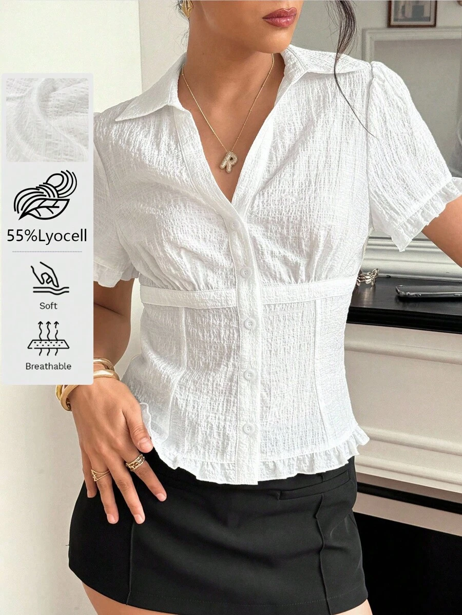 Roylia Áo cánh trơn một hàng khuy, viền eo xếp ly cho nữ, màu trắng - trắng - Xem 1