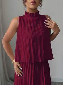 Elenzga Mono elegante y romántico de mujer con cuello redondo, sin mangas y plisado - Burdeos - Ver 5