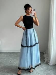 Elenzga 女士优雅时尚通勤休闲舒适迷人复古度假无袖宽松波点连衣裙 - 藍色 - 查看 4