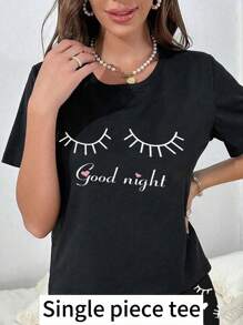 Eyelash Letter Print Crew Neck Knit Short Sleeve Sleepwear Top - Black - View 5