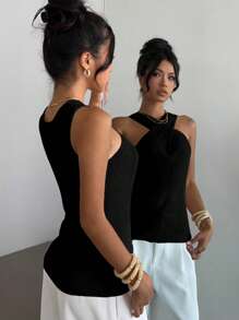 Elenzga Áo len dệt kim cổ chéo thiết kế tối giản, giản dị - màu đen - Xem 2