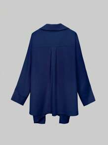 SHEIN LUNE CURVE Plus Size Women Holiday Loose Solid Color Tie Wrap Shirt And Pants 2 Pieces Set - Blue - View 7