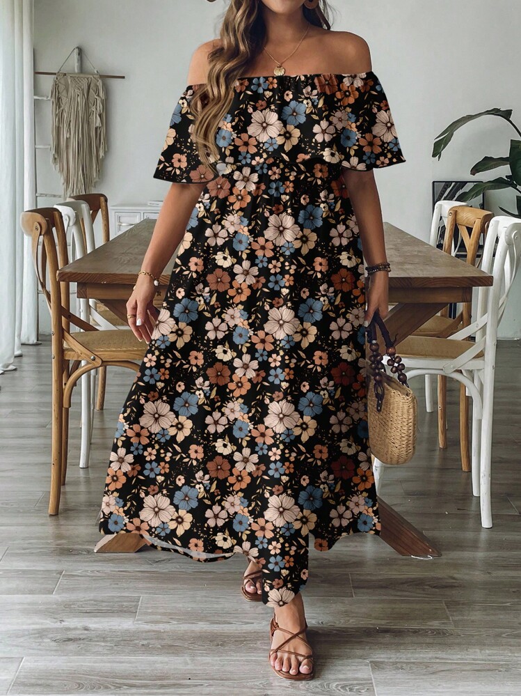SHEIN VCAY Plus Size Elegant Off-Shoulder Floral Print Ruffle Hem Slit Maxi Dress, Casual Vacation Chic Dress - Multicolor - View 3