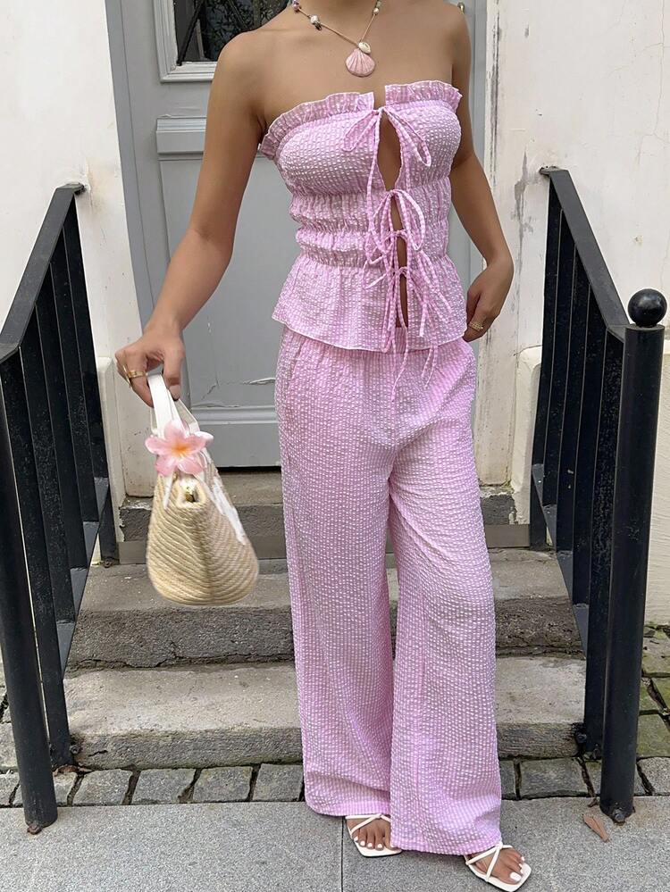 SHEIN PETITE 女士短款套装格子抹胸阔腿裤宽松版型系带设计休闲度假两件套 - 粉色 - 查看 6