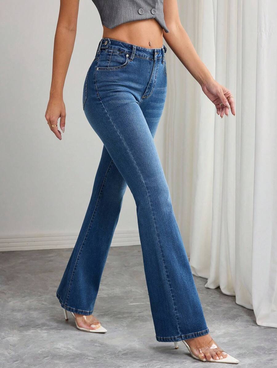 Elenzga Women's Solid Color Casual Jeans - Medium Wash - View 1