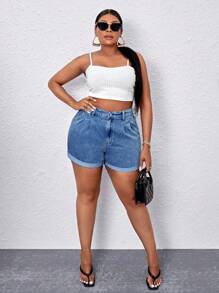 SHEIN SXY Plus Size Women's Pocketed Pleated Loose Casual Versatile Denim Shorts