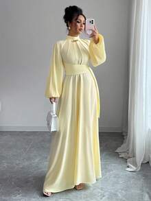 Selianne 女士优雅休闲中长连衣裙，法式浪漫西西里风格，纯色柔和黄色，立领，褶袖，腰带，松紧后腰，仿金属装饰，适合通勤、度假、下午茶、派对 - 淡黃色 - 查看 5