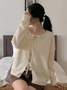 DAZY 女士圆领系带装饰宽松休闲长袖开衫，秋季女装 - 米色 - 查看 4