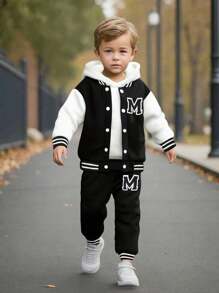 SHEIN Casuvi Kids 2 件/套 青少年男孩学院风套装：黑色针织上衣，白色袖子，印花字母“M”设计，搭配罗纹领、袖口和下摆印花运动裤。舒适、轻松、休闲的风格，适合春季、秋季、日常穿着、运动、学校、旅行 - 黑色 - 查看 3