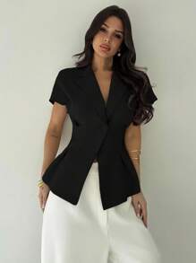 Firerie 女士休闲/办公亚麻束腰短袖西装外套，杏色，秋冬夏季 - 黑色 - 查看 2