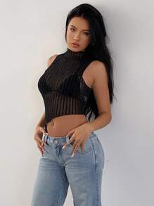 SHEIN SXY 女士迷人休闲闪亮性感条纹网眼透明不对称下摆 V 领背心，适合派对/晚会/俱乐部穿着 - 黑色 - 查看 4