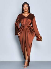 SOLERSUN Đầm dài tay dài, cổ chữ V, xẻ tà, thắt nơ, chất liệu satin co giãn bóng, kiểu dáng mới mùa thu xuân, thanh lịch, thích hợp cho công sở, sinh nhật, dạ hội, tiệc cocktail, đám cưới, mùa lễ hội, thời trang nữ. - màu nâu - Xem 6