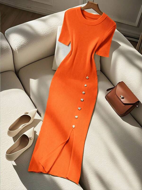 Franclia Women's Elegant Fitted Round Neck Short Sleeve Slit Decorative Button Knit Dress, Summer Knitted Sweater Clothes For University