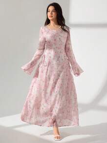 Modelyn Robe longue élégante à manches évasées et taille nouée, mode et charme, printemps/été. Robe en tissu , décontractée et élégante pour femmes en automne, rentrée scolaire, avec patchwork et tissu stretch. - Rose bonbon - Voir 1