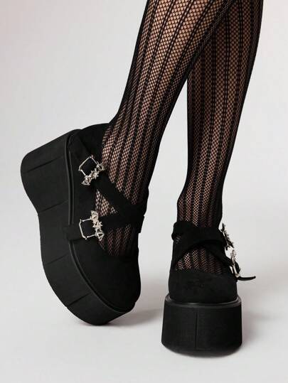 ROMWE Grunge Punk Scarpe casual da donna con suola spessa e platform, punta tonda, doppia fascia con fibbia stile punk gotico, basse per feste e lavoro, adatte anche per Ognissanti