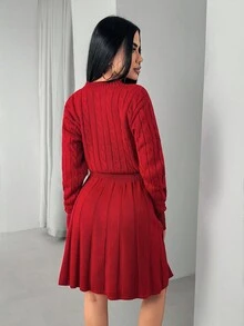 EURMUSE Vestido curto de malha com decote redondo casual, cor sólida, malha plissada, formato A, para o Natal - Vermelho - Ver 2