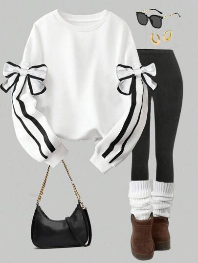 Sparklyn 1pc Tween Girls' Oversized Crew Neck Sweatshirt With Detachable Bowknot Decorated Long Sleeve, Casual Pullover Top For Autumn Fall Winter