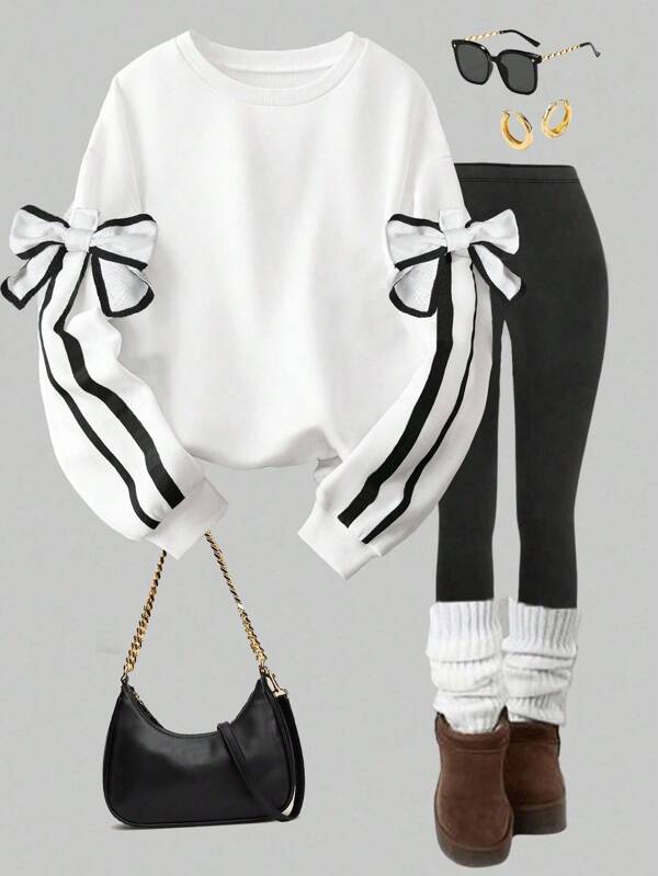 Sparklyn 1 件青少年女孩超大圆领运动衫，带可拆卸蝴蝶结装饰长袖，秋季休闲套头衫