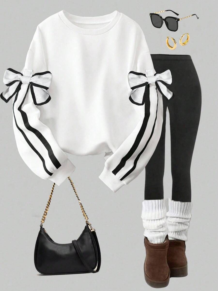 1pc Tween Girls' Oversized Y2k Crew Neck Sweatshirt With Detachable Bowknot Decorated Long Sleeve, Casual Pullover Top For Autumn Winter School - White - View 1