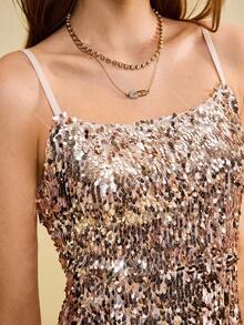 Muvela 女式亮片迷你吊带裙，闪亮，适合派对、约会、生日，优雅奢华，适合万圣节、圣诞节、情人节、婚礼季节 - 香檳色 - 查看 5