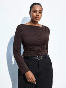 Maija Camiseta de manga larga de base de color café con cuello asimétrico para mujer de talla grande, blusa de punto para otoño, fiesta de Navidad, Acción de Gracias