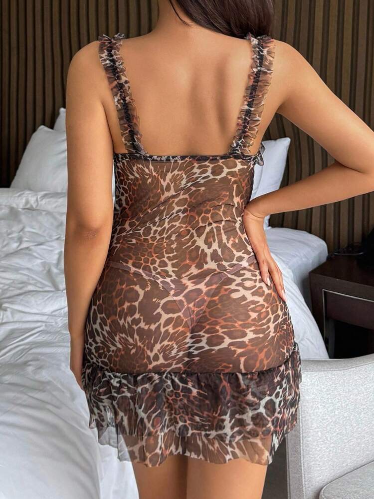 Leopard Print Patchwork Semi-Sheer Sexy Nightgown For Women, Going Out Lingerie For Women