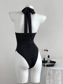 Elamini 百搭深 V 领金属纱紧身衣，适合春、夏、秋、冬