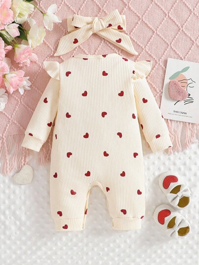 SHEIN Valentine's Day Newborn Baby Heart Print Jumpsuit, Cozy Knitted Casual Jumpsuit With Headband Included Fall Winter